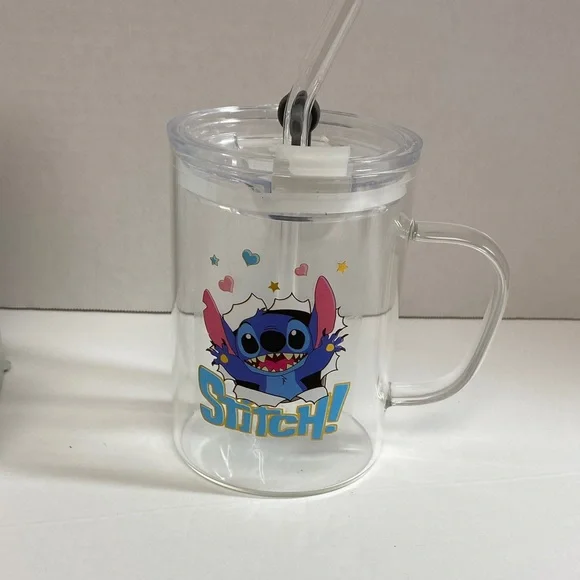 Stitch! Clear Acrylic Travel Mug with Straw - Blue/Pink - Picture 1 of 4